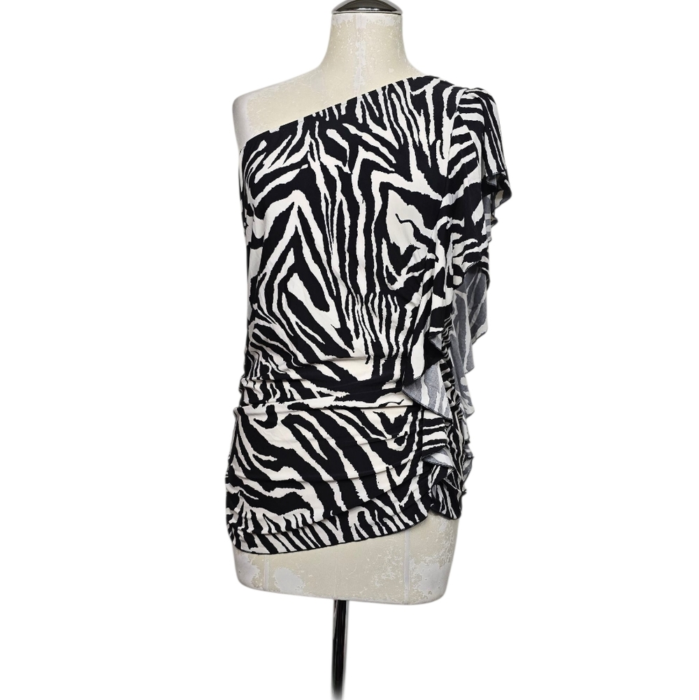 Alexandra Rosati Zebra Print One Shoulder Top M Ruched Asymmetrical Mob Wife